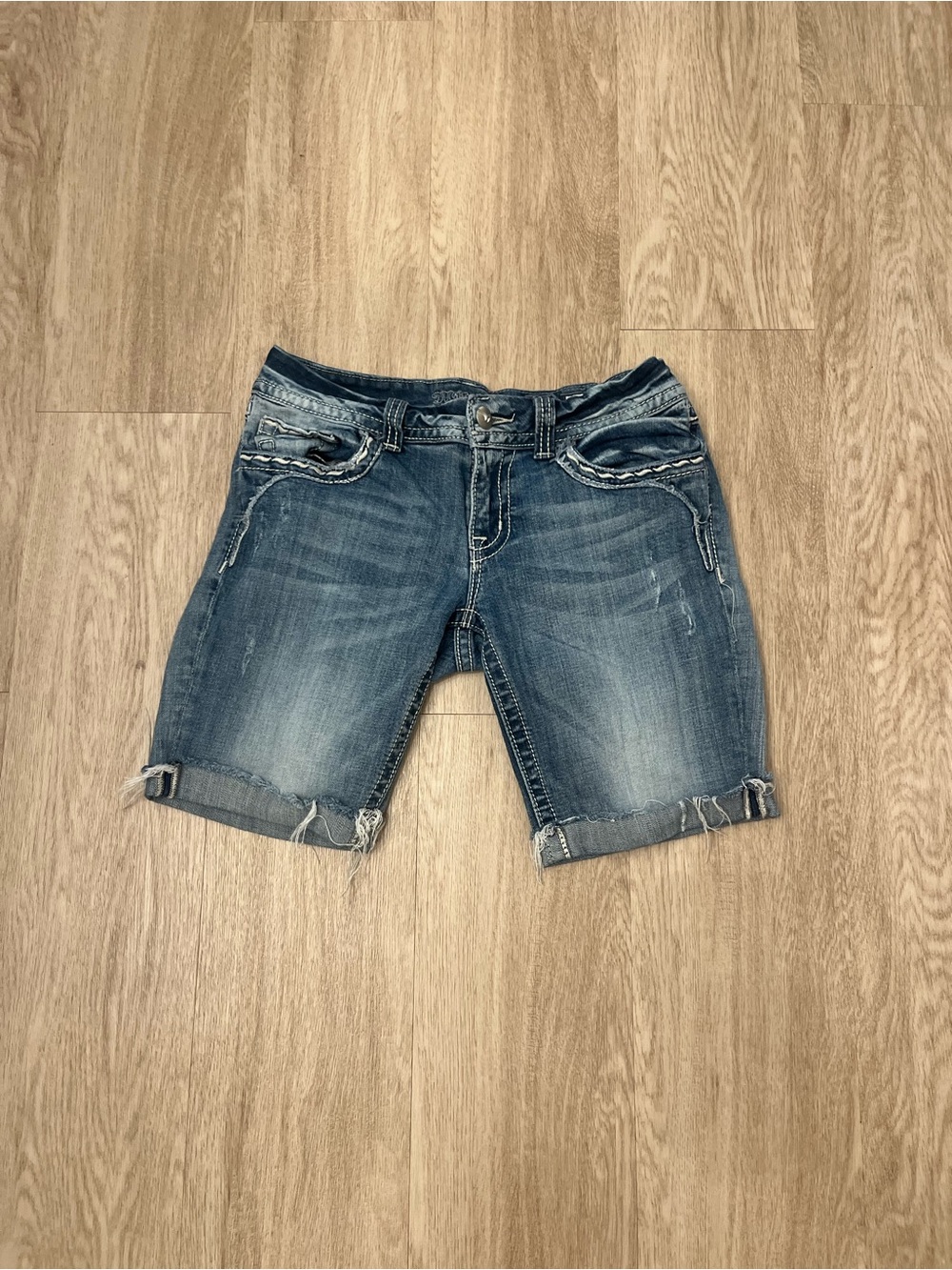 Miss Me Medium Wash Distressed Denim Bermuda Shorts